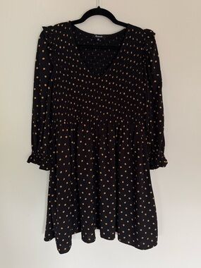 Madewell Lucie V-neck Smocked Black Oval Dot Mini Dress 3/4 Sleeves Sz S